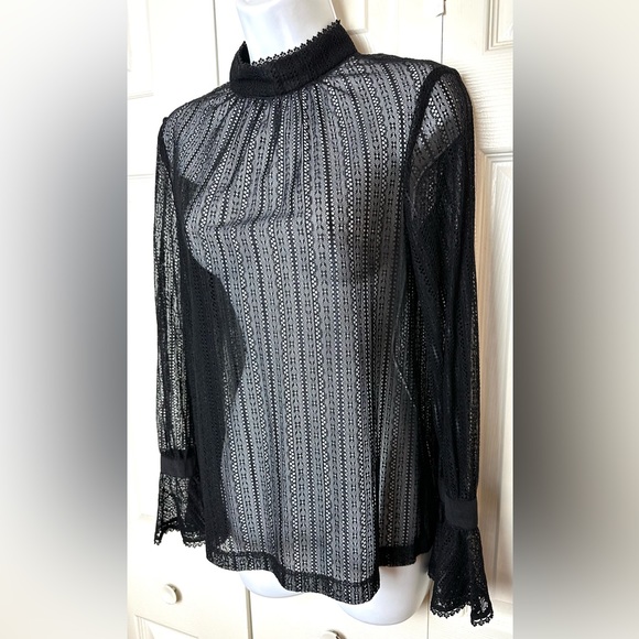 TRINA TURK Cicero Mock Neck Black Noir Lace Blouse Top Shirt Semi Sheer Ruffle - Picture 8 of 15